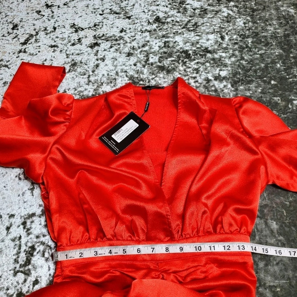 PrettyLittleThing Red Satin Ruched Skirt Puff Sleeve Midi Dress - Picture 5 of 8